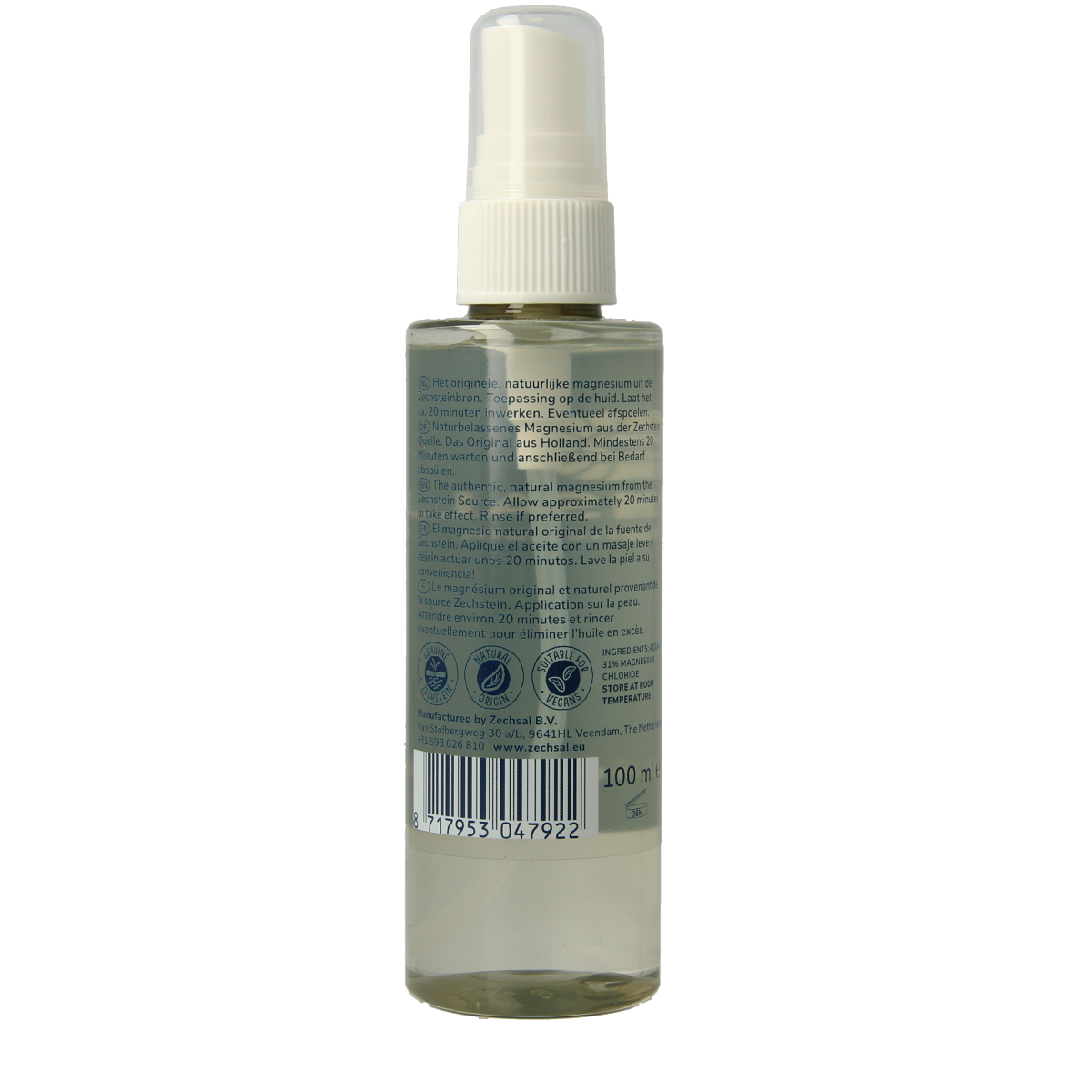 Zechsal Magnesium olie spray in 100ml bottle, natural body care product for muscle relaxation and skin nourishment.