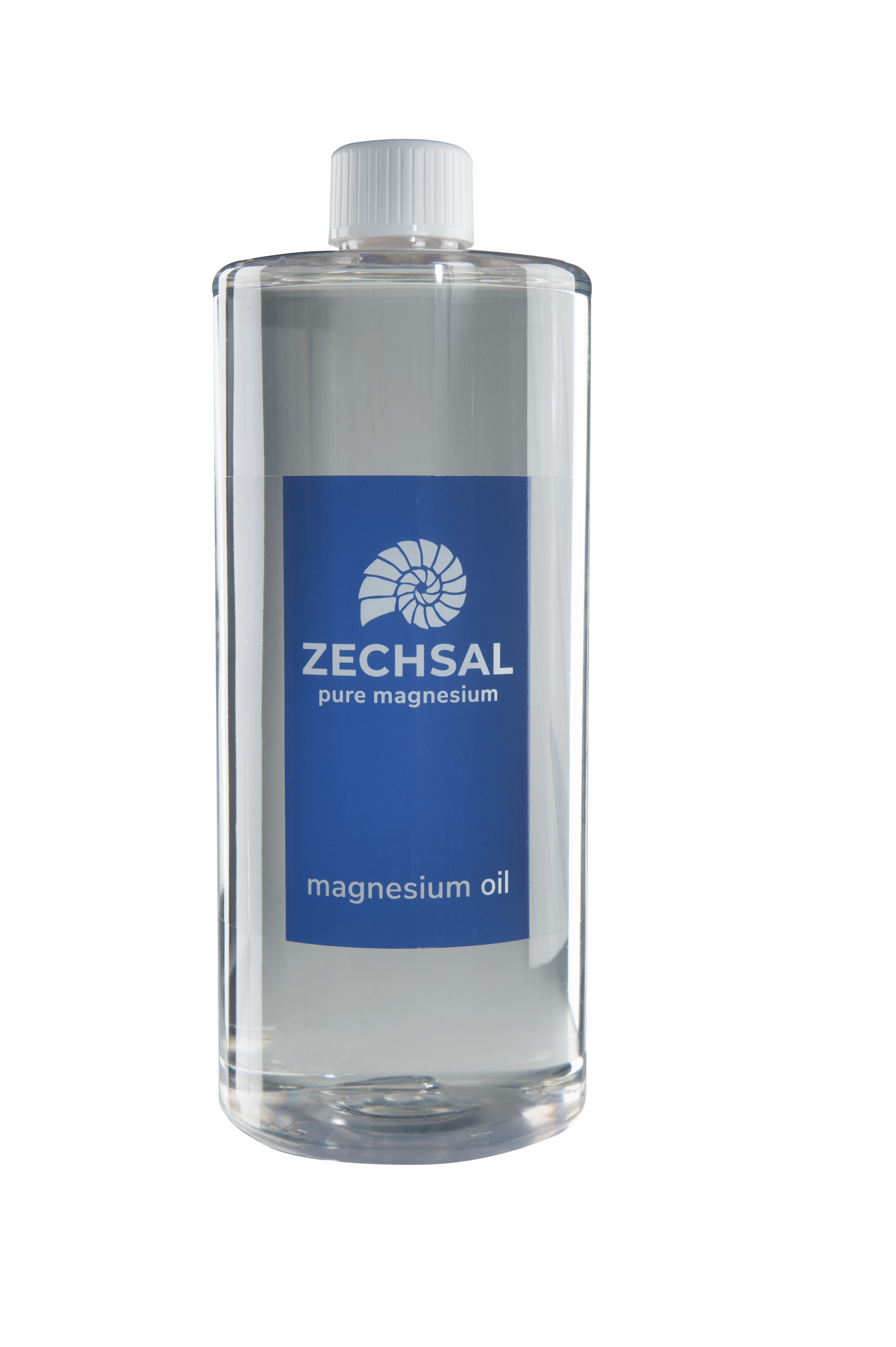 Zechsal Magnesium olie 1 liter bottle for body care, showing the label and transparent spray bottle.