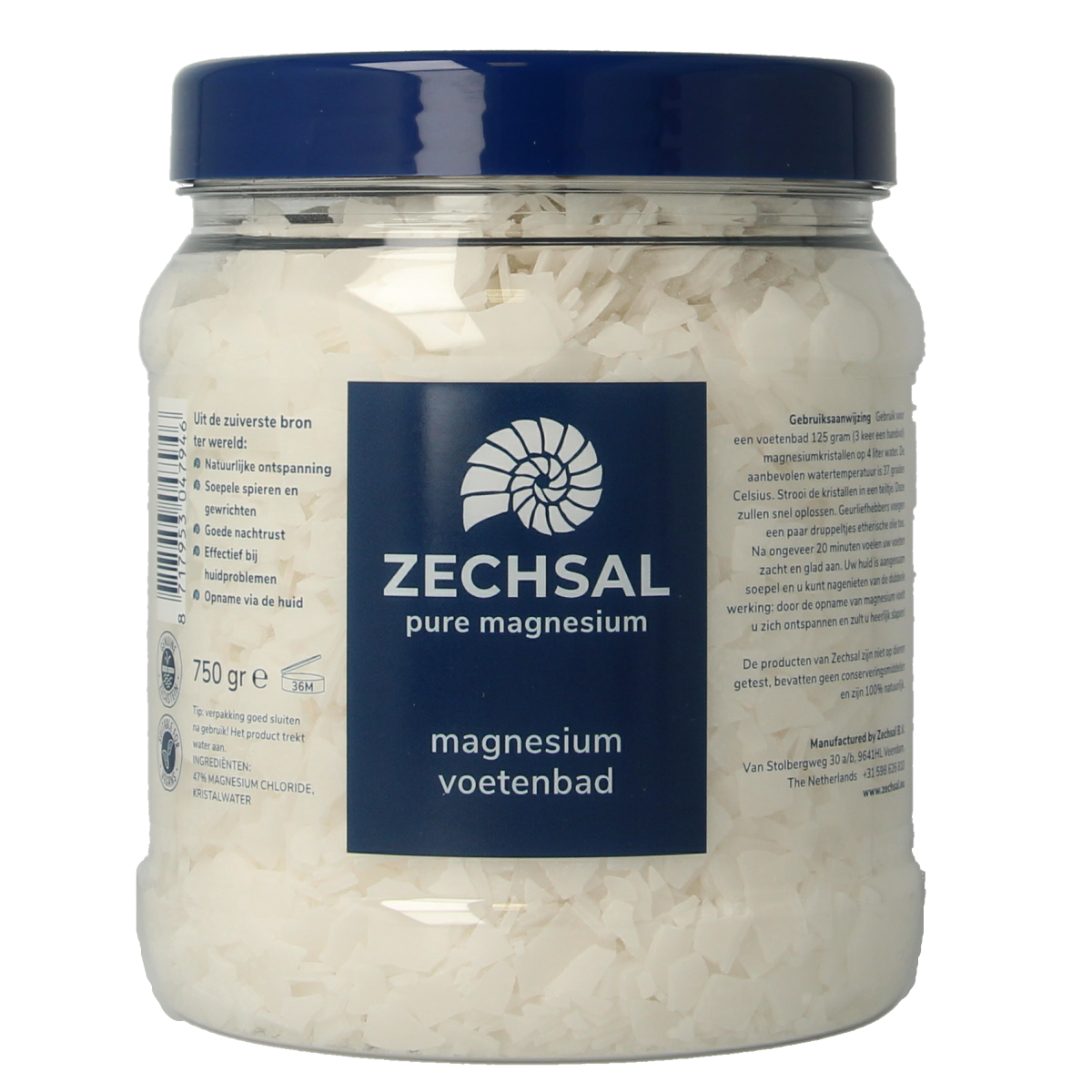 Zechsal Magnesium voetbadzout 750g for foot care, showing a clear image of the magnesium bath salt package.