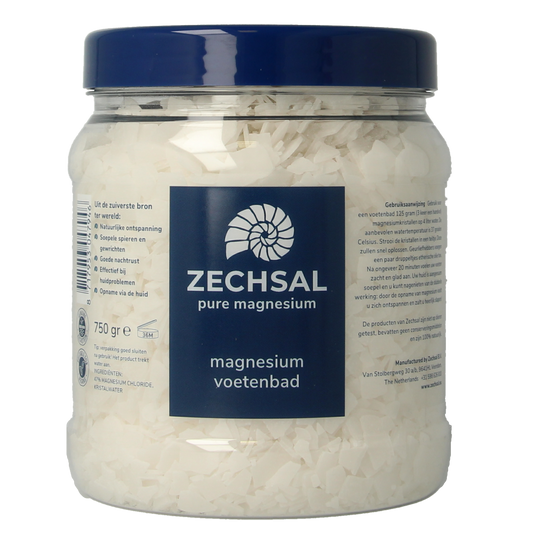 Zechsal Magnesium voetbadzout 750g for foot care, showing a clear image of the magnesium bath salt package.