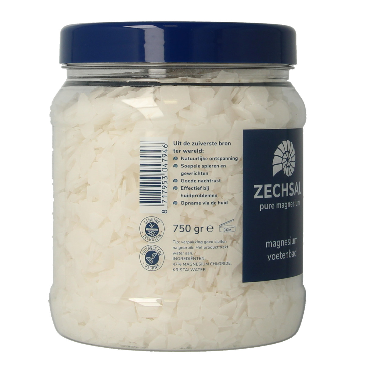 Zechsal Magnesium voetbadzout in 750g container for foot care, showing a close-up of the salt crystals and packaging.