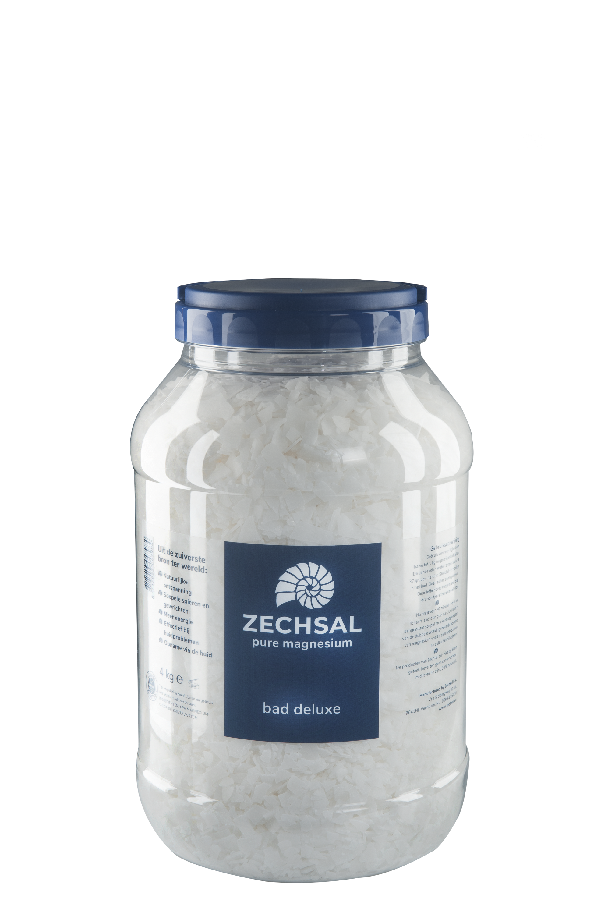 Zechsal Magnesium bad en douche badzout deluxe in 4 kg bag, showing coarse magnesium salt crystals for bath and shower use.