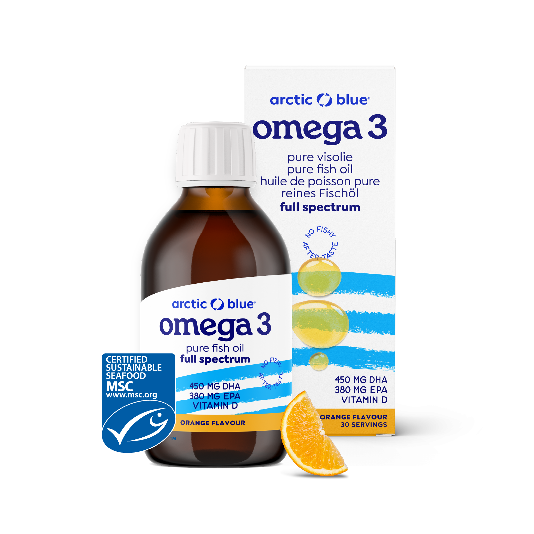 Arctic Blue Omega 3 pure visolie with vitamin D in a 150ml bottle, featuring a clear label and golden cap.