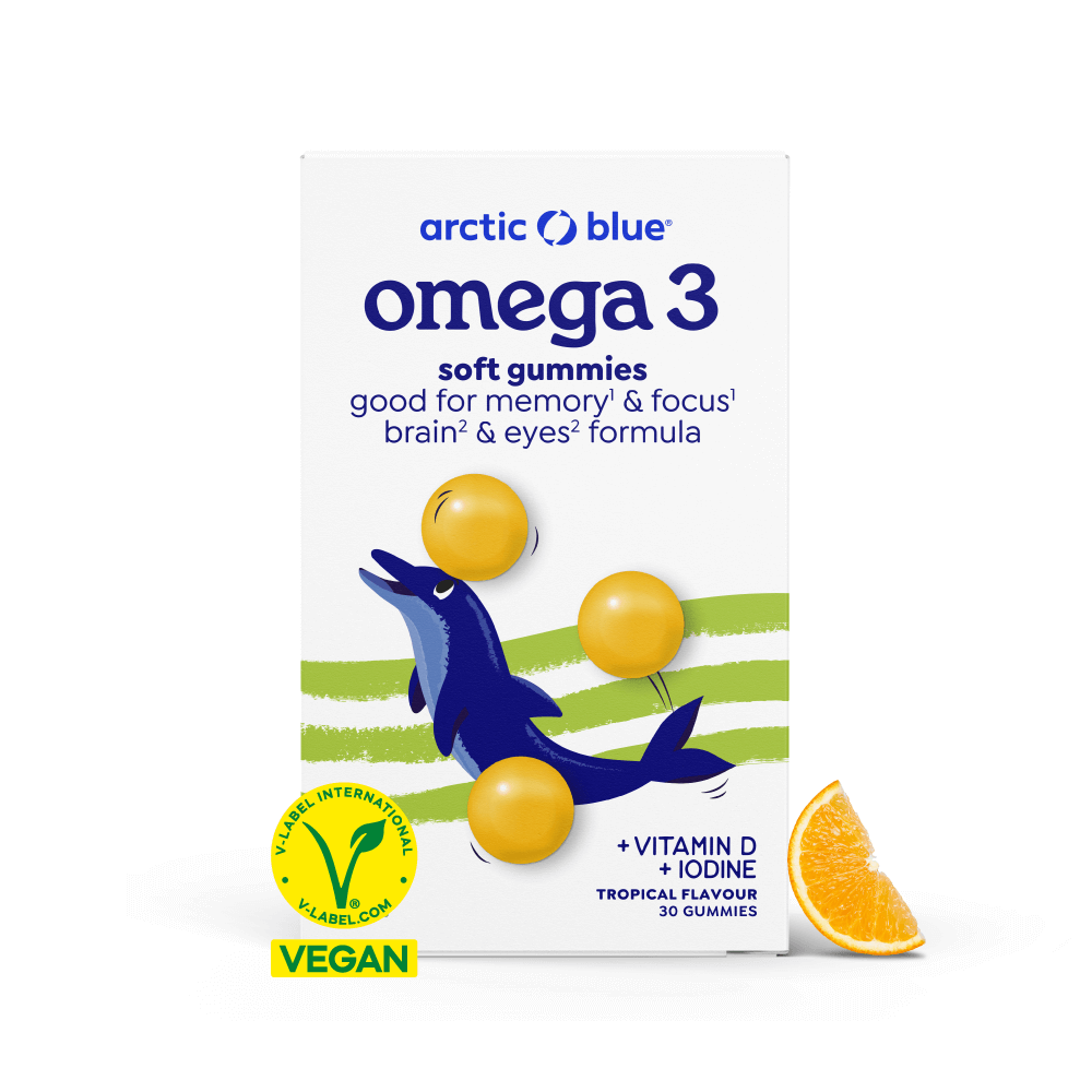 Vetzuren Arctic Blue vegan Omega 3 gummies, 30-count, with blue flavor and colorful gummy shapes on a white background.
