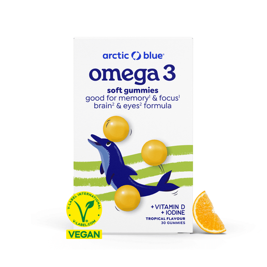 Vetzuren Arctic Blue vegan Omega 3 gummies, 30-count, with blue flavor and colorful gummy shapes on a white background.
