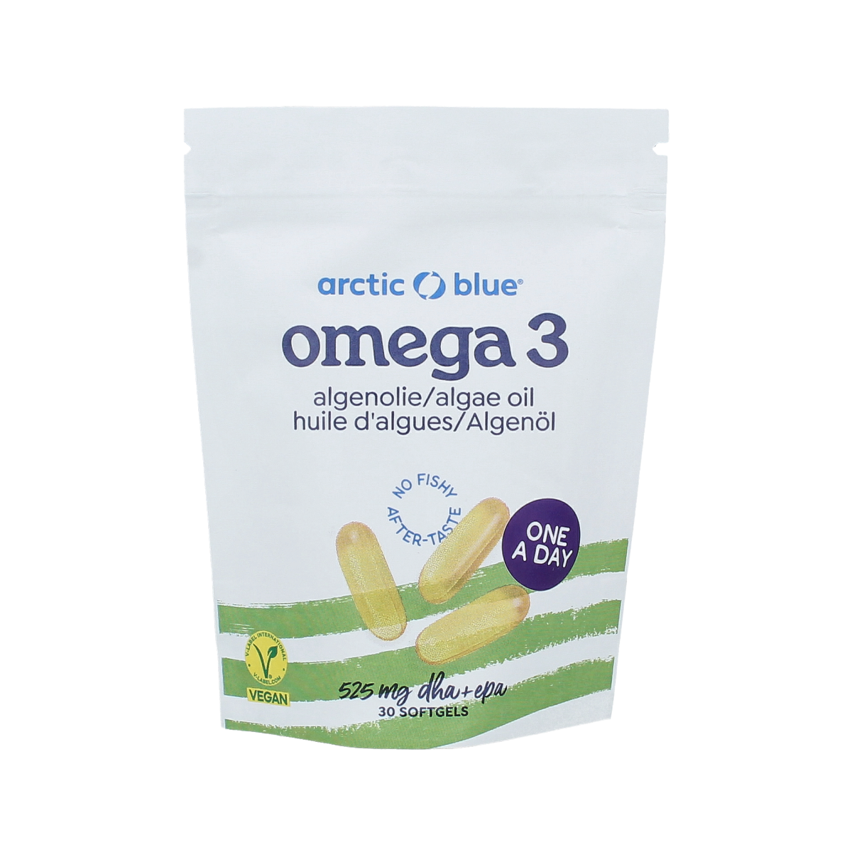 Arctic Blue Algenolie DHA EPA capsules, vegan omega-3 supplement in a clear bottle with white cap, labeled with product details.