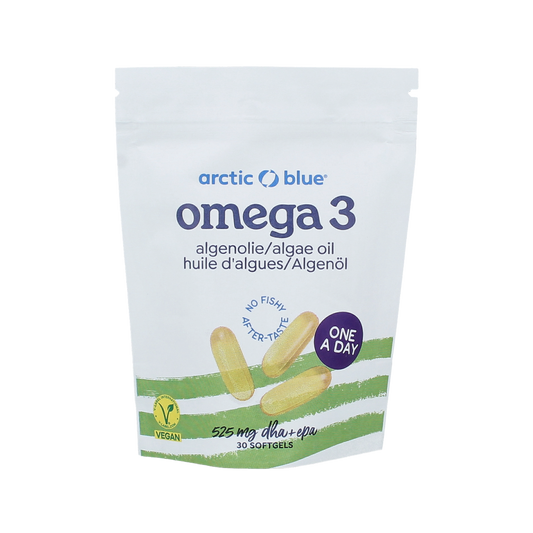 Arctic Blue Algenolie DHA EPA capsules, vegan omega-3 supplement in a clear bottle with white cap, labeled with product details.