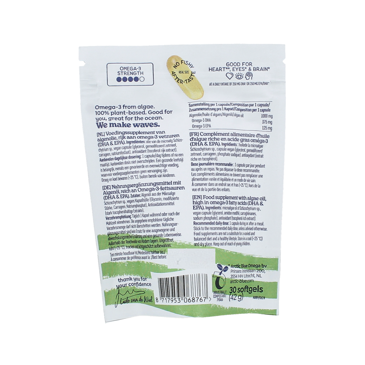 Arctic Blue Algenolie DHA EPA capsules, vegan omega-3 supplement in a clear bottle with white cap, front view.