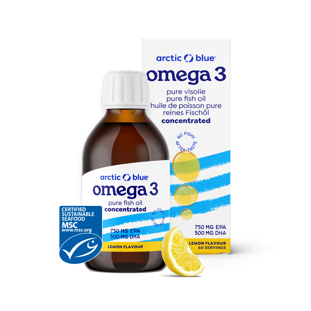 Arctic Blue Visolie DHA EPA supplement in a 150ml bottle, containing omega-3 fatty acids, with a blue label and dropper cap.