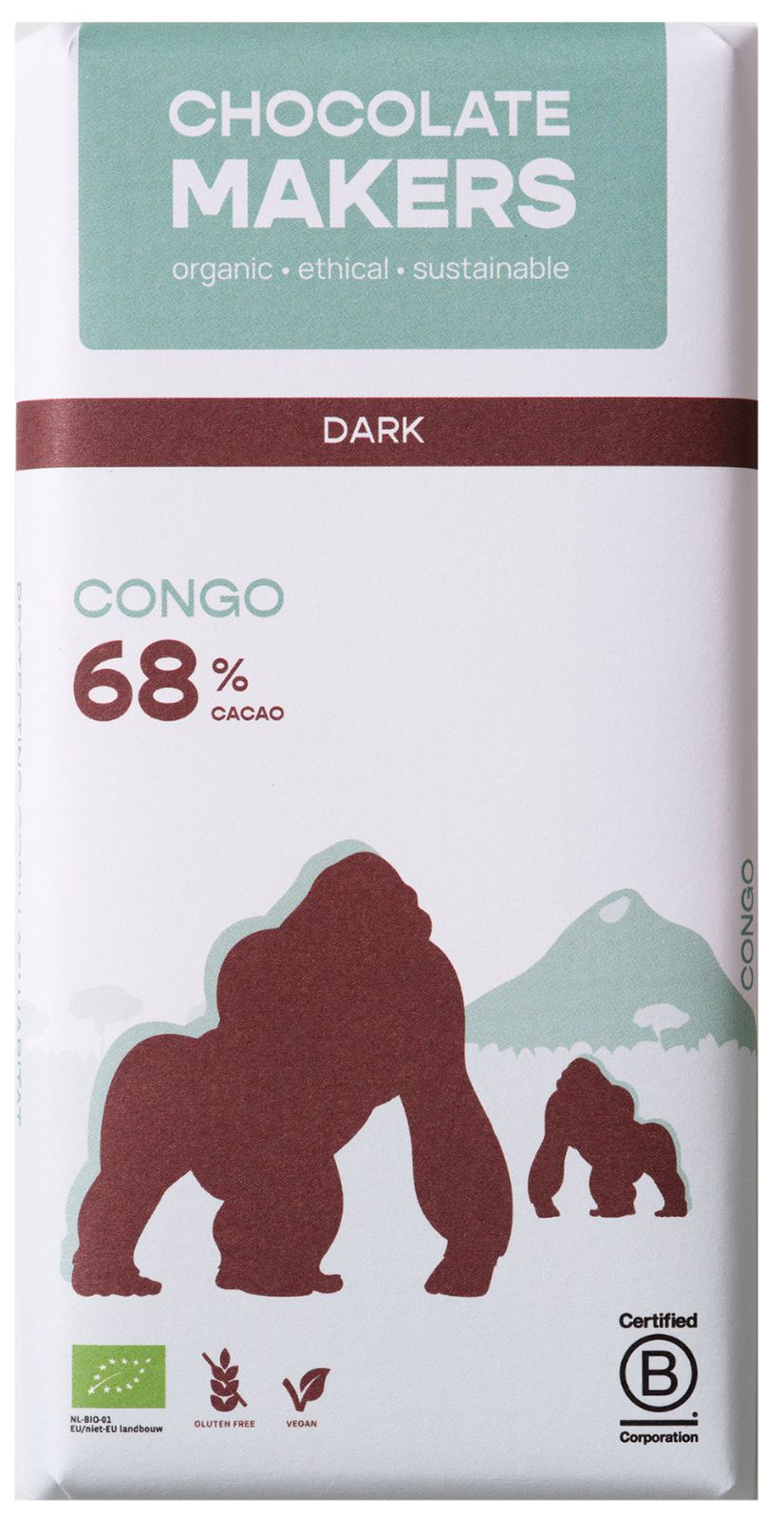 Chocolatemakers Gorilla 68% pure organic chocolate bar, 80 grams, showing the chocolate piece with a smooth, dark surface.