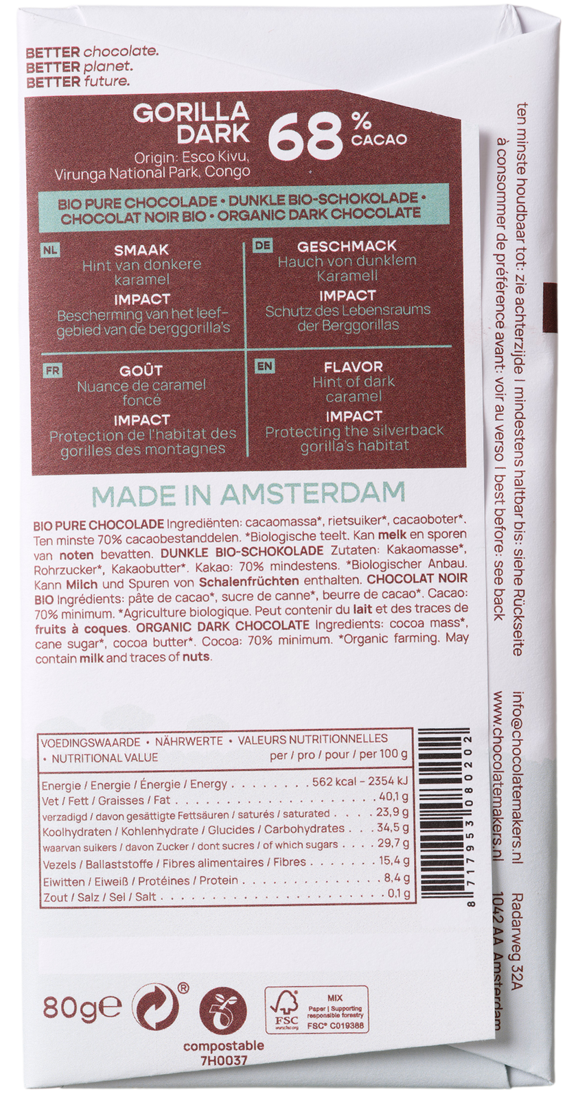 Chocolatemakers Gorilla bar 68% pure organic chocolate bar, 80 grams, with a piece broken off revealing rich cocoa interior.