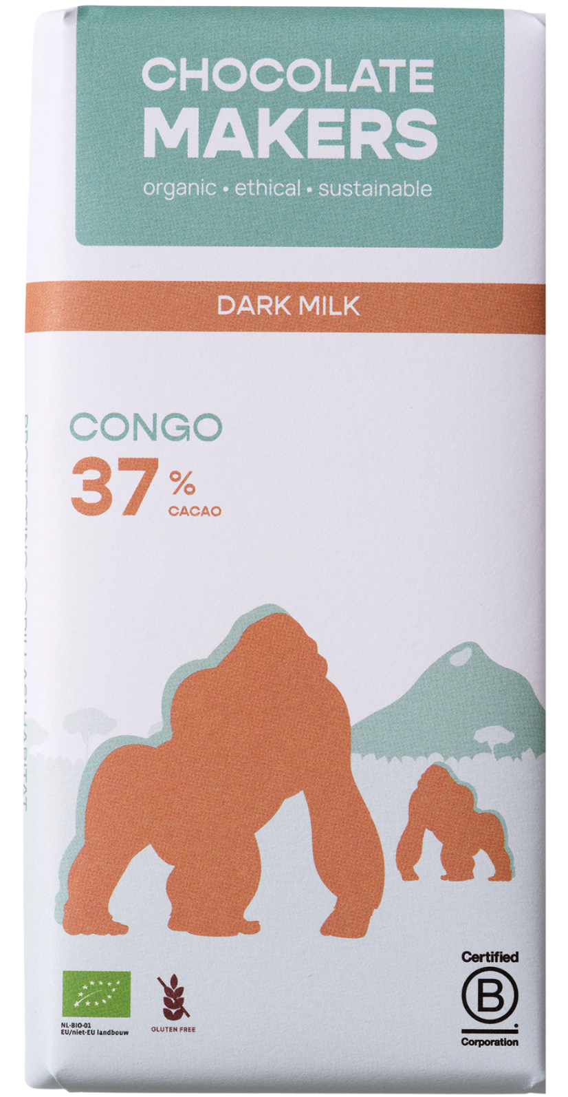 Chocolatemakers Gorilla Melk 37% organic chocolate bar, 80 grams, showing the chocolate packaging and branding.