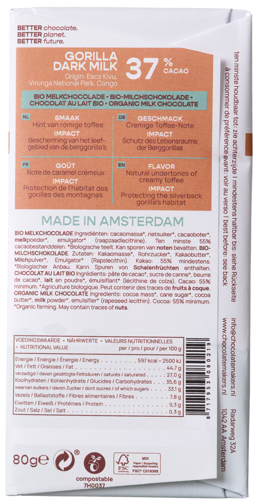 Chocolatemakers Gorilla Melk 37% organic milk chocolate bar, 80 grams, with smooth creamy texture and rich chocolate appearance.