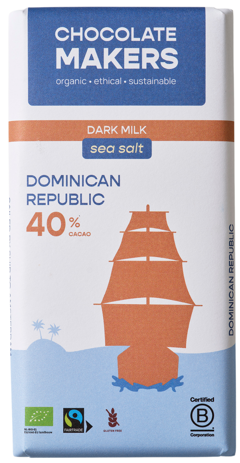 Chocolatemakers Reep Tres Hombres 40% melk chocolade met zeezout, fairtrade en biologisch, 80g bar with visible chocolate pieces.
