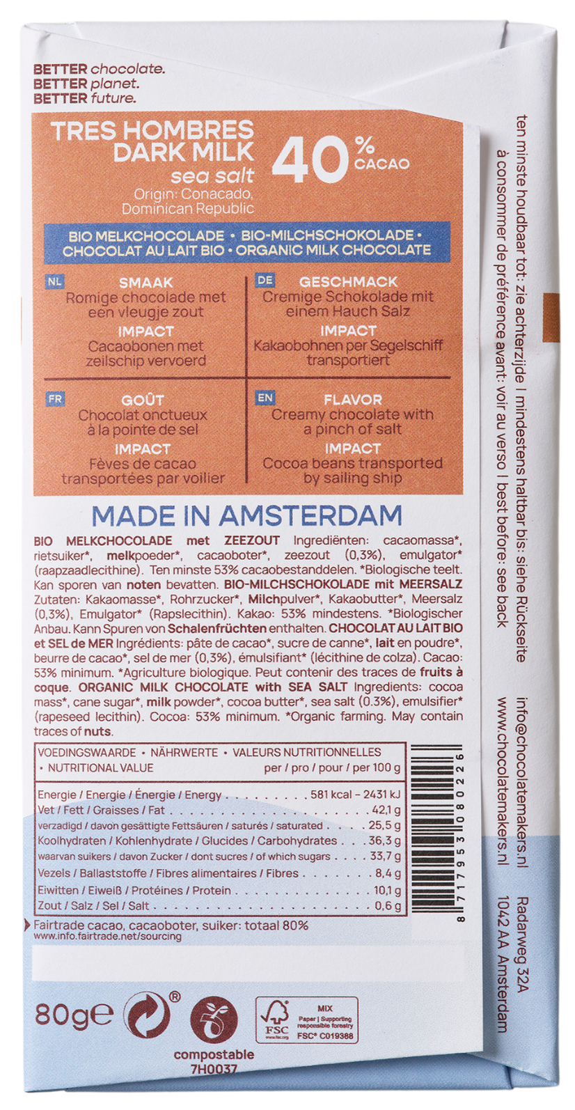 Chocolatemakers Reep Tres Hombres 40% milk chocolate with sea salt, fairtrade and organic, showing the chocolate bar with packaging.