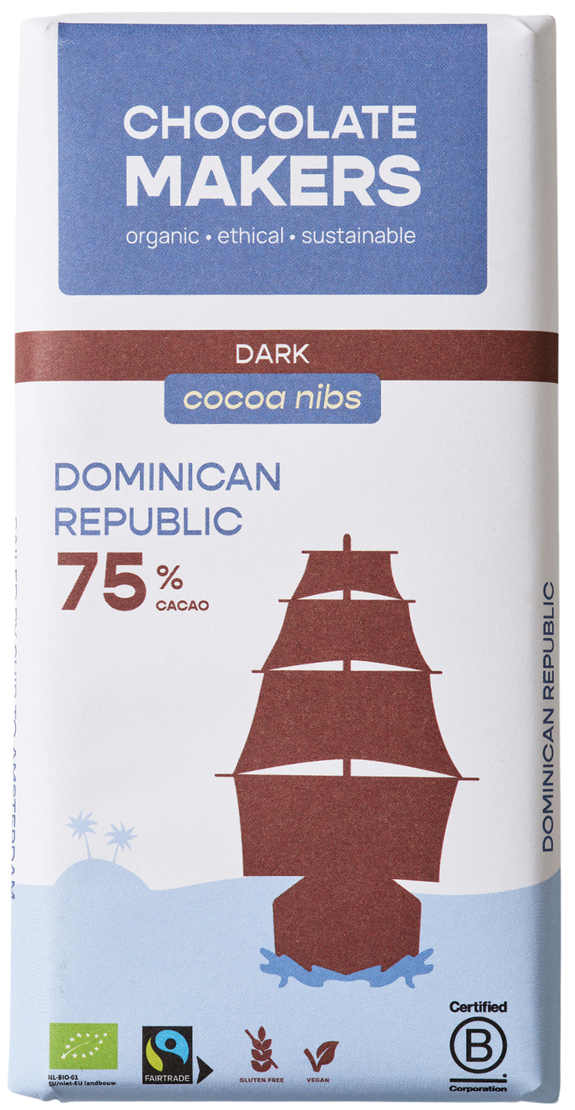 Chocolatemakers Reep Tres Hombres 75% cacao dark chocolate bar with cacao nibs, organic, 80 grams, shown with chocolate pieces.