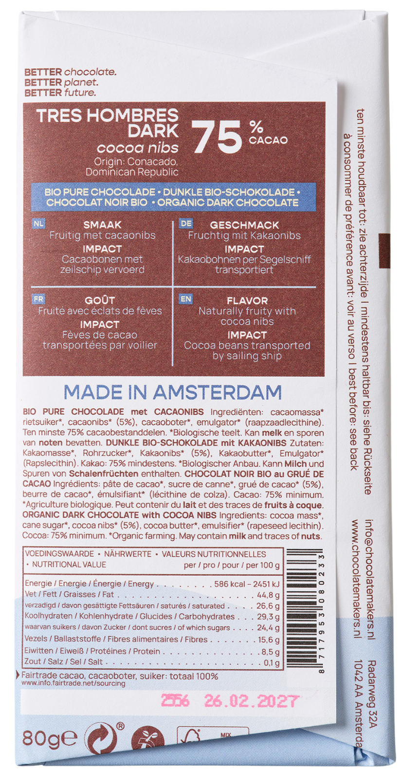 Chocolatemakers Reep Tres Hombres 75% dark chocolate bar with cacao nibs, organic, 80g, shown with packaging and chocolate texture.