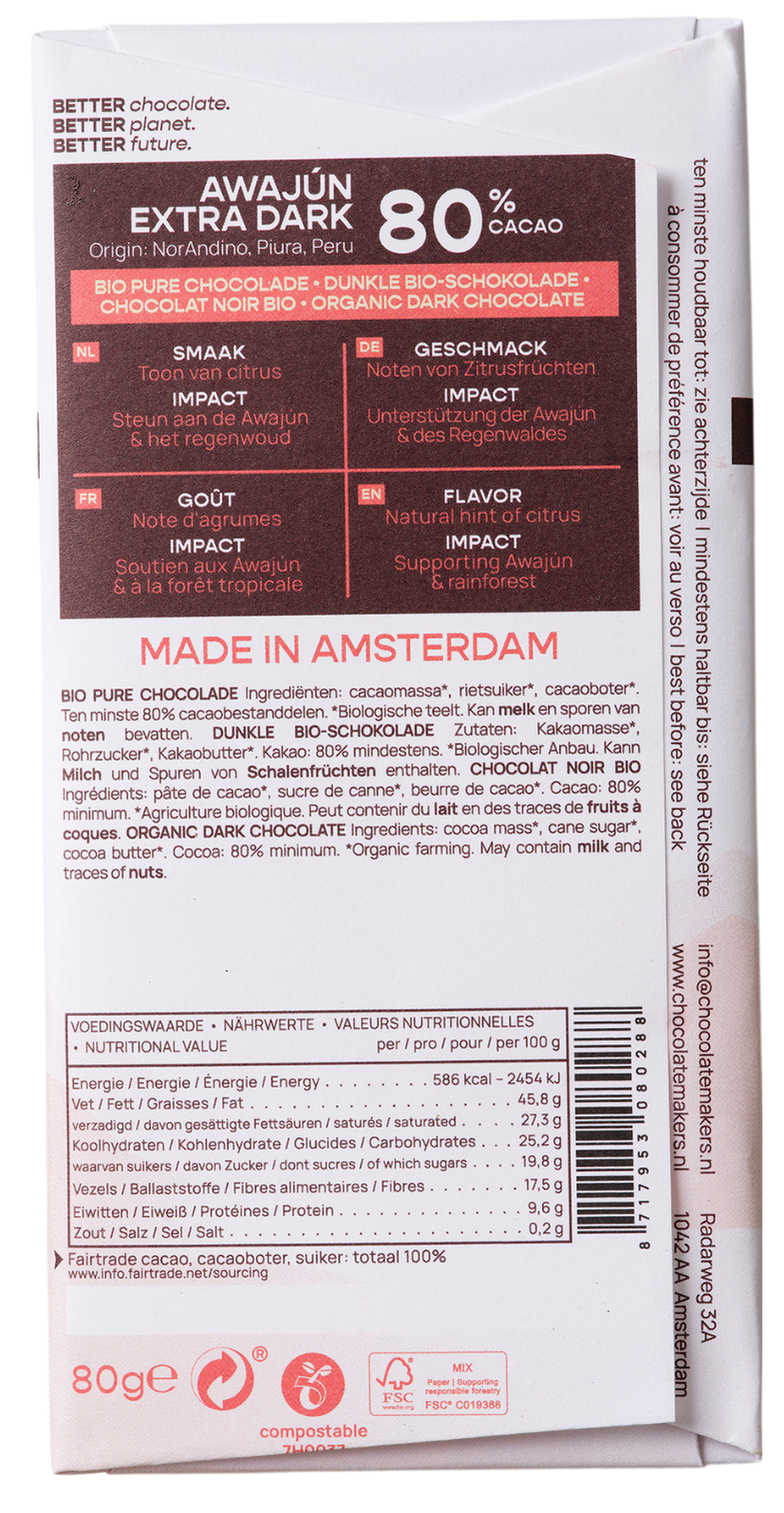 Piece of Chocolatemakers Awajun 80% dark chocolate bar, fairtrade and organic, showing its textured surface and packaging details.