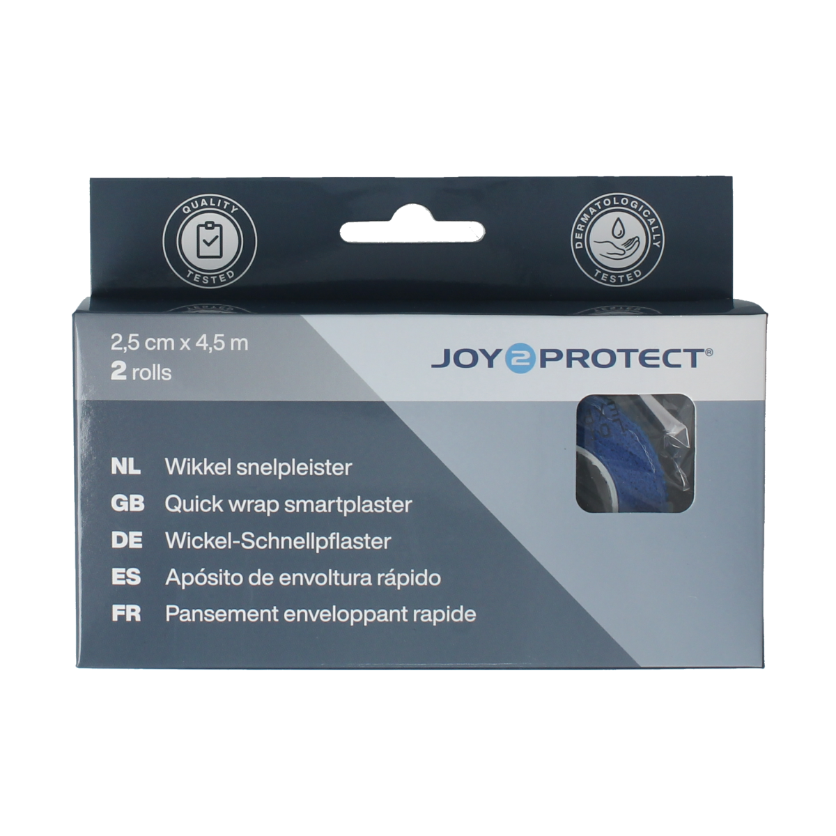 Blue Joy2protect Snelpleisters adhesive tape roll, 2.5cm x 4.5m, for quick wound care and first aid.