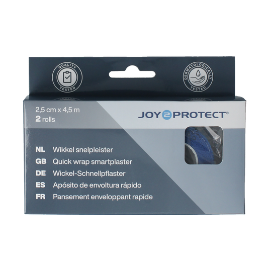 Blue Joy2protect Snelpleisters adhesive tape roll, 2.5cm x 4.5m, for quick wound care and first aid.