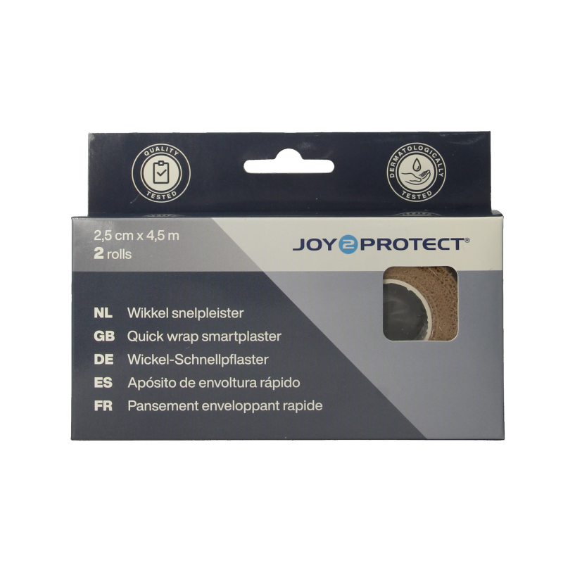 Joy2protect skin-tone adhesive bandages, 2.5cm x 4.5m, in a pack of 2 rolls, suitable for minor wounds and skin protection.