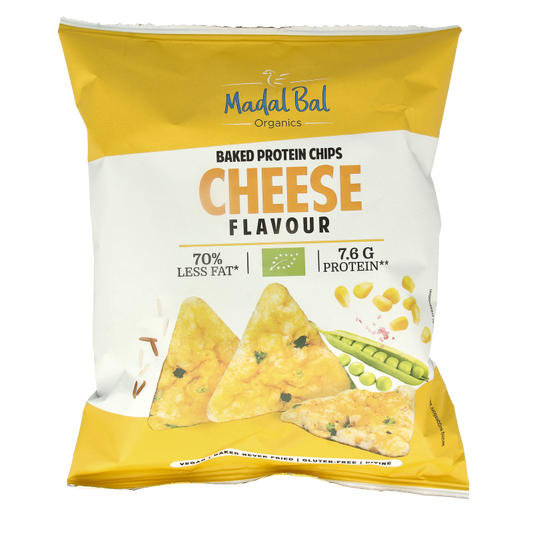 Madal Bal Bio Protein Chips with cheese flavor, 60g, showing crispy chips in a natural setting with cheese seasoning.
