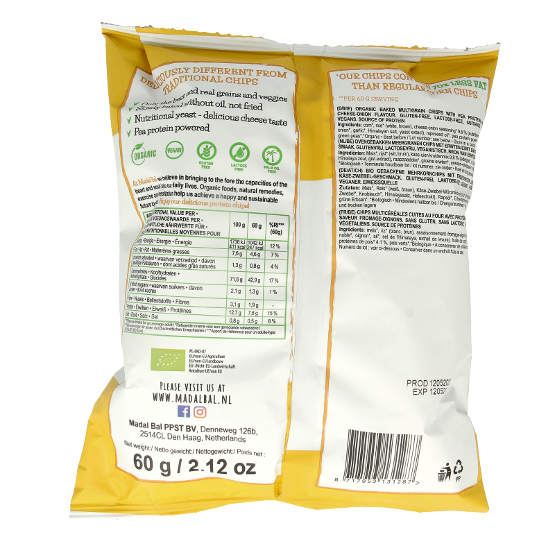 Madal Bal cheese protein chips and salt snacks in 60g packaging, crispy chips with cheese flavor and natural ingredients.
