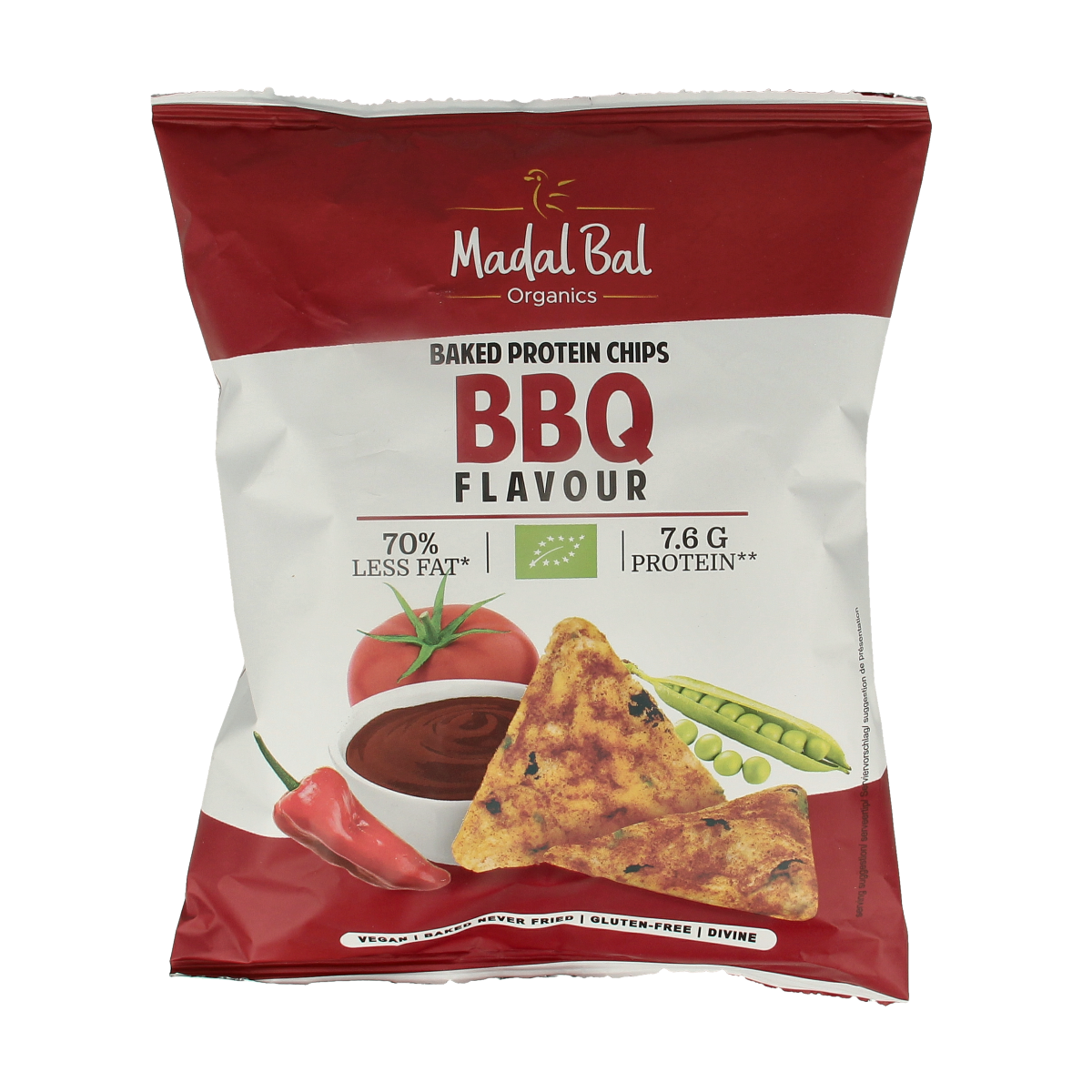 Madal Bal BBQ bio protein chips in a 60g package, showing crispy snack chips with BBQ flavor on the front of the package.