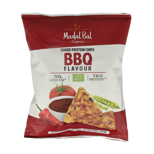 Madal Bal BBQ bio protein chips in a 60g package, showing crispy snack chips with BBQ flavor on the front of the package.