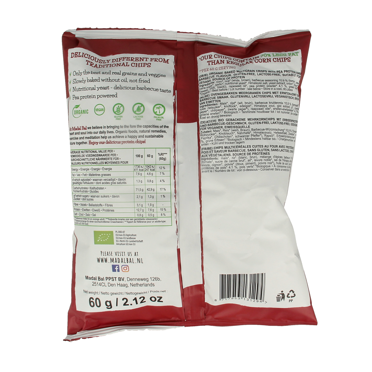 Madal Bal BBQ protein chips in a 60g bag, healthy snack with bio ingredients and crispy texture, perfect for Tussendoortjes.