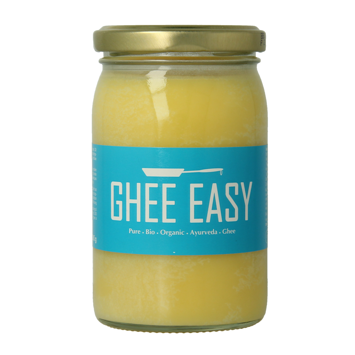 Container of Ghee Easy natural bio ghee in 245g jar, showcasing the golden, creamy clarified butter in a clear glass jar.