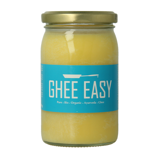 Container of Ghee Easy natural bio ghee in 245g jar, showcasing the golden, creamy clarified butter in a clear glass jar.