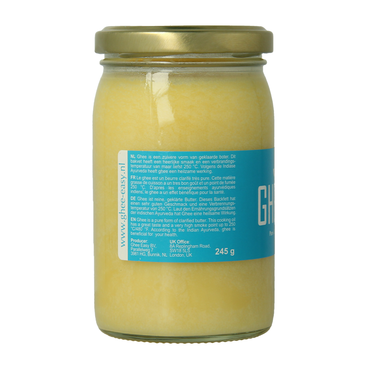 Natural bio ghee from Ghee Easy, 245g jar showing smooth, golden clarified butter in a clear glass container.