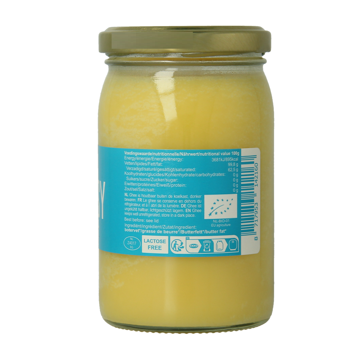 Jar of Ghee Easy natural bio ghee, 245g, showcasing smooth, golden clarified butter in a clear container.