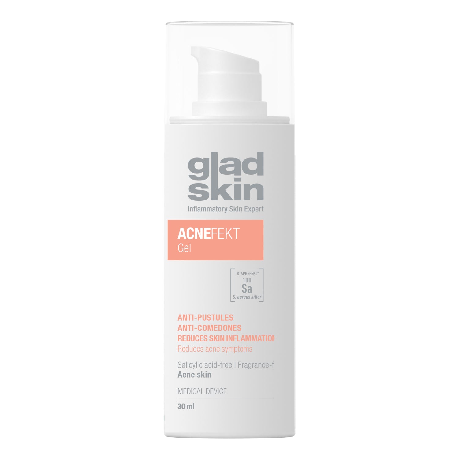 Gladskin Acne gel in 30ml tube, facial skincare product for acne-prone skin, with clear packaging and applicator.
