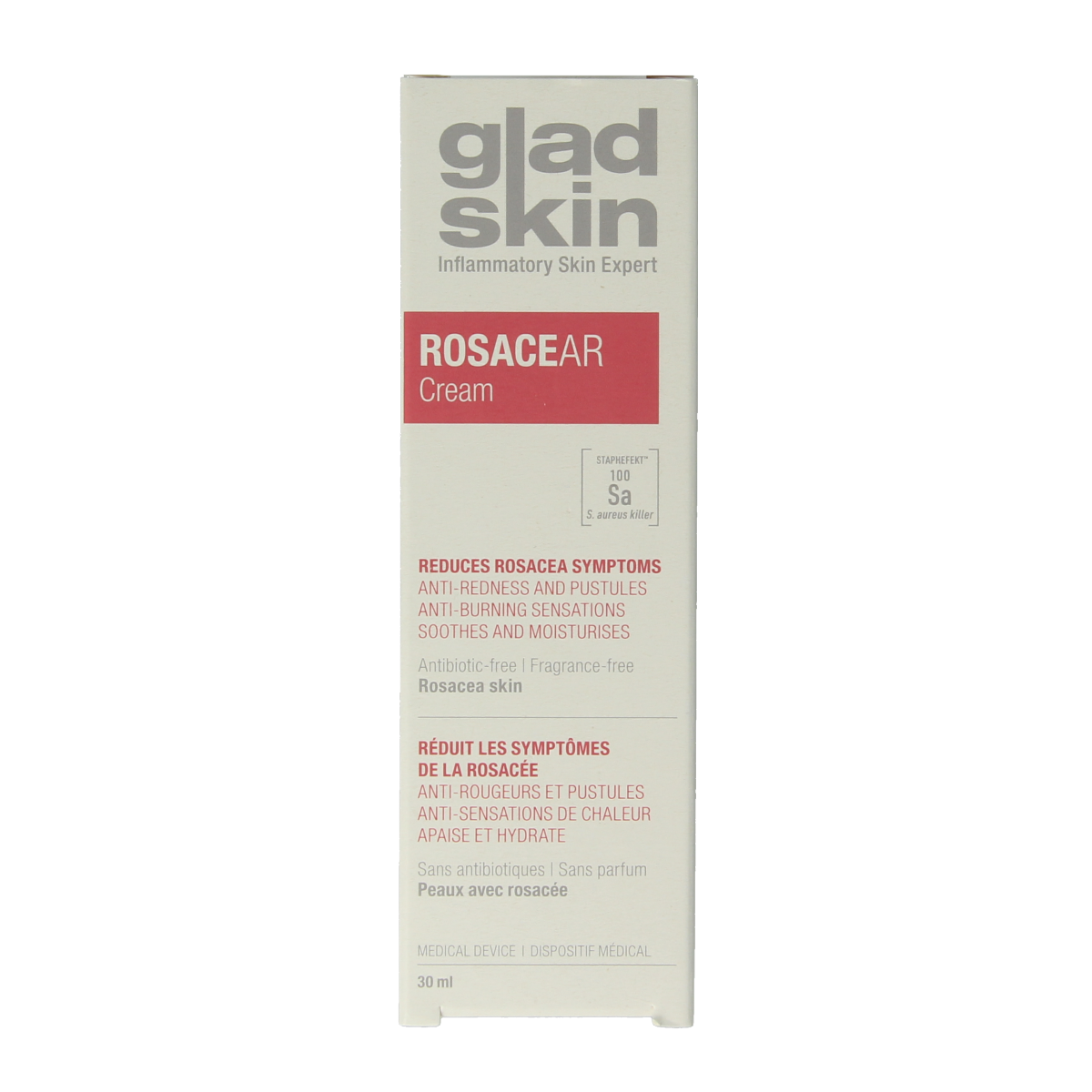 Gladskin Rosacear cream 30ml tube for facial skincare, with a white and green packaging design.