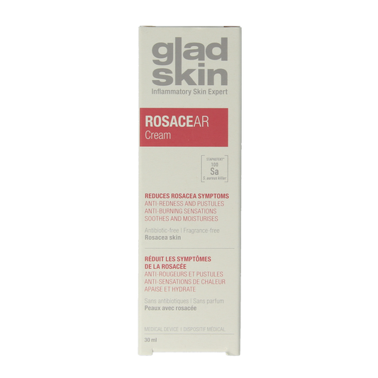Gladskin Rosacear cream 30ml tube for facial skincare, with a white and green packaging design.