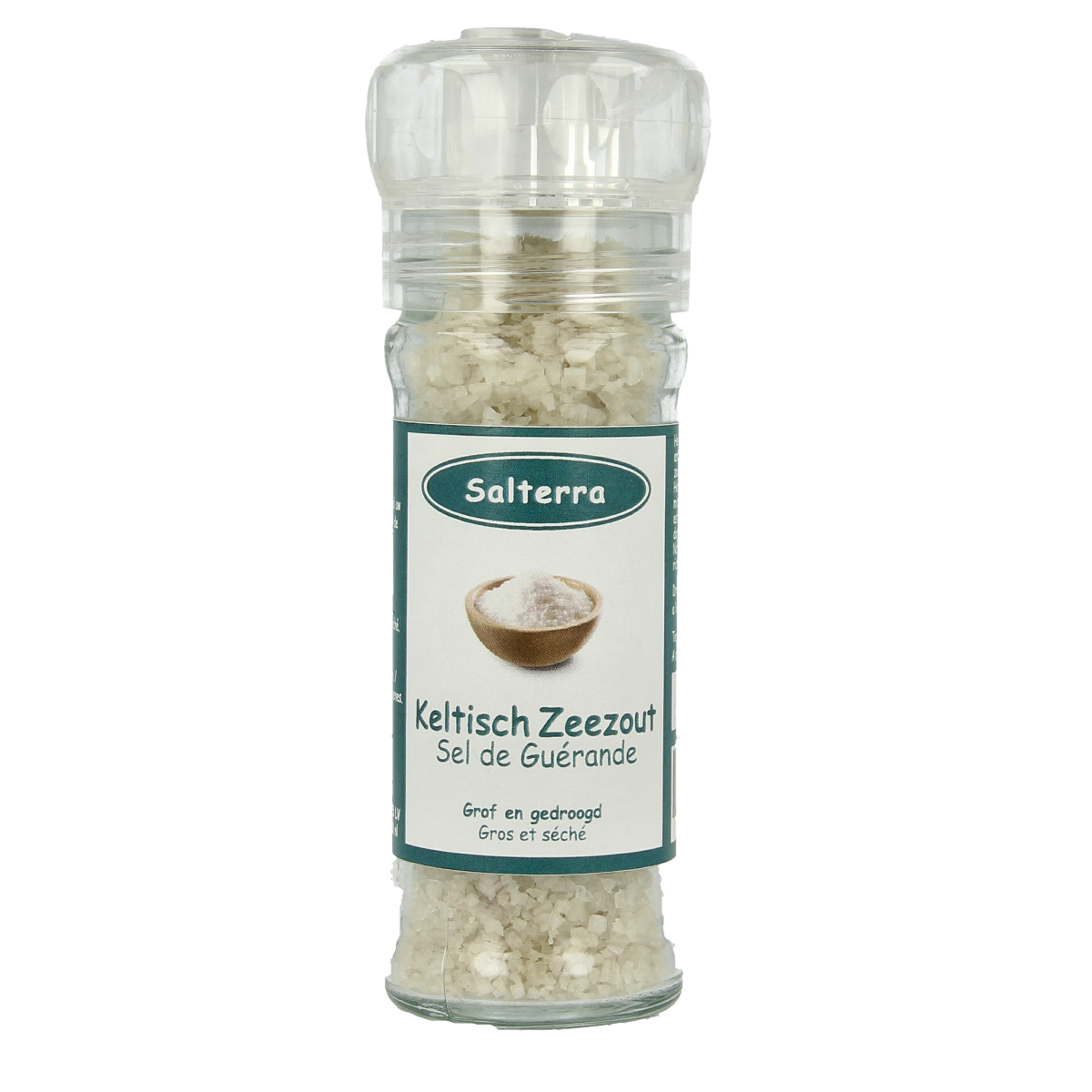 Salterra Keltisch zeezout grof in droog strooimolen, 70g, with coarse salt crystals ready for seasoning or cooking.