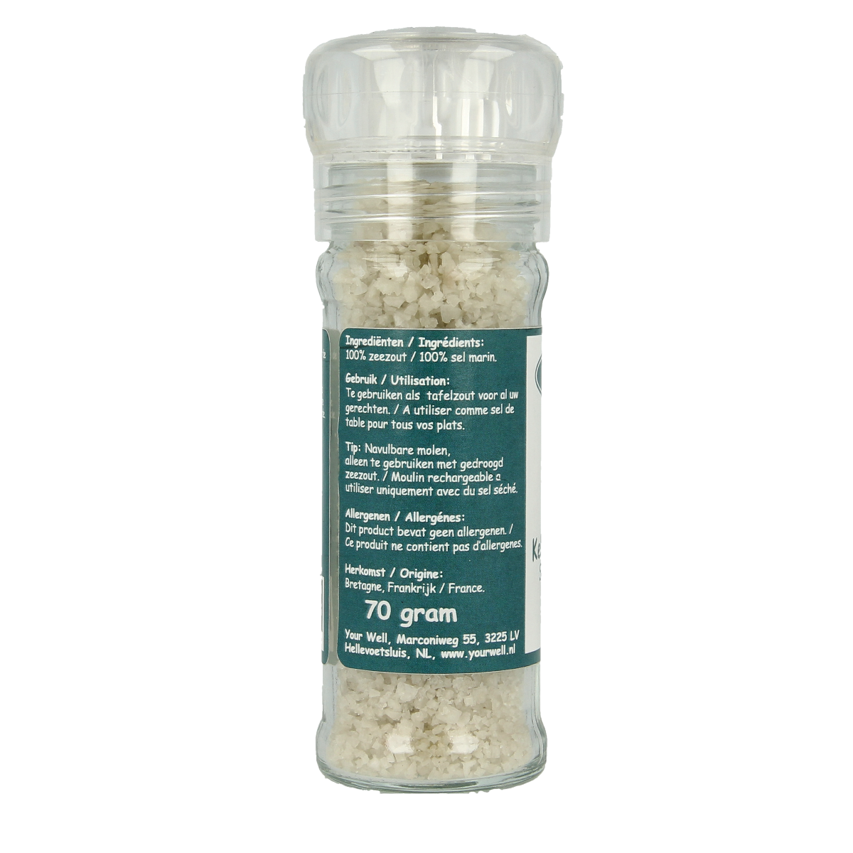 Salterra Keltisch zeezout grof in droog strooimolen, 70g, used for cooking and seasoning in herbs, salts, and meal mixes.
