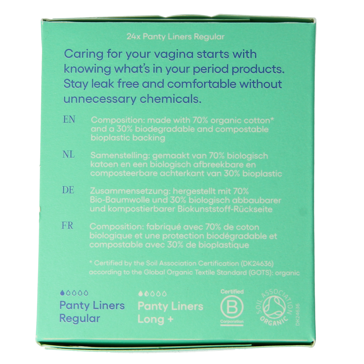 Yoni inlegkruisjes for women, pack of 24, soft absorbent feminine hygiene pads, displayed in a neat pile.