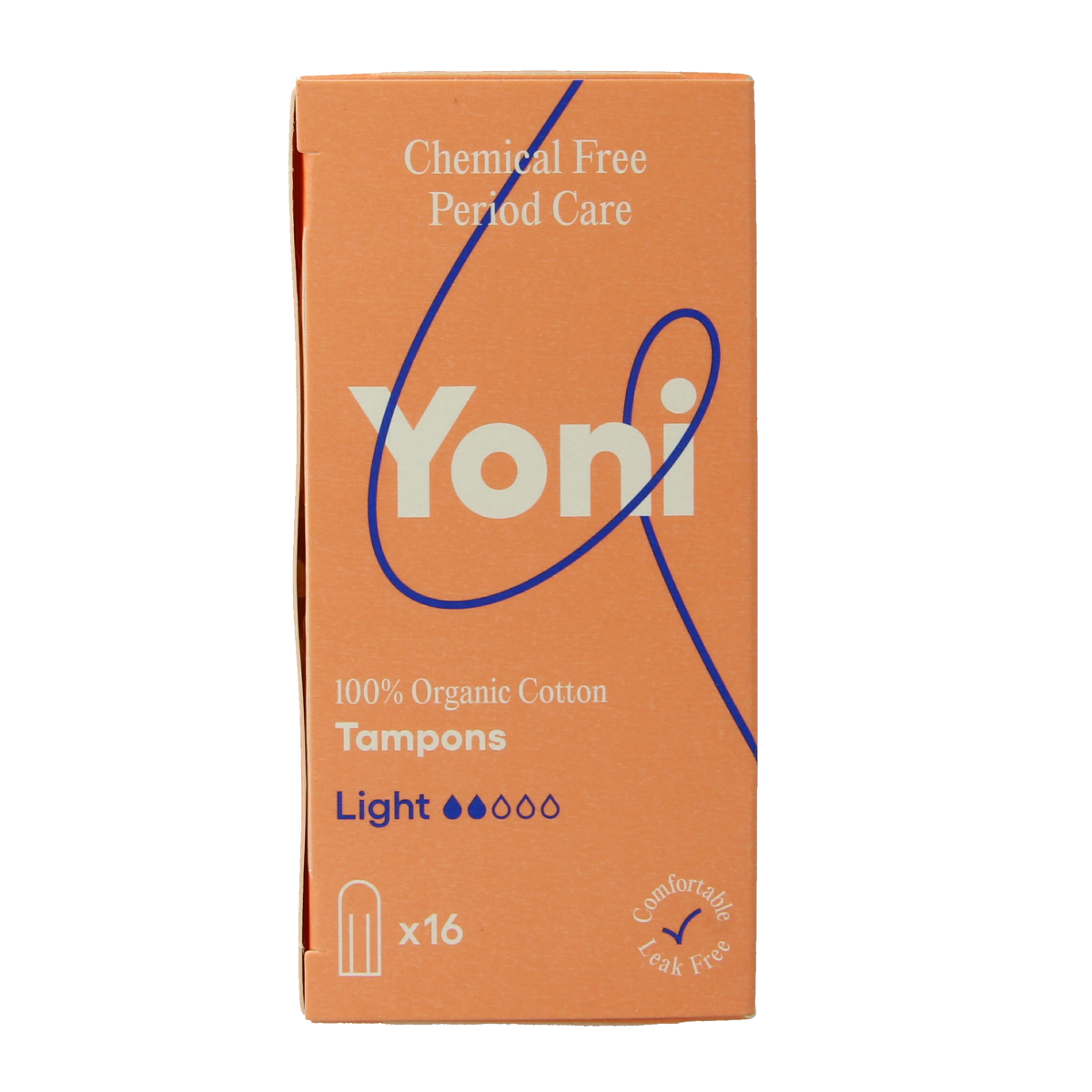 Yoni light tampons for women, 16-pack, with 16 light absorbency tampons displayed in a box, brand Yoni.