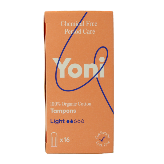 Yoni light tampons for women, 16-pack, with 16 light absorbency tampons displayed in a box, brand Yoni.
