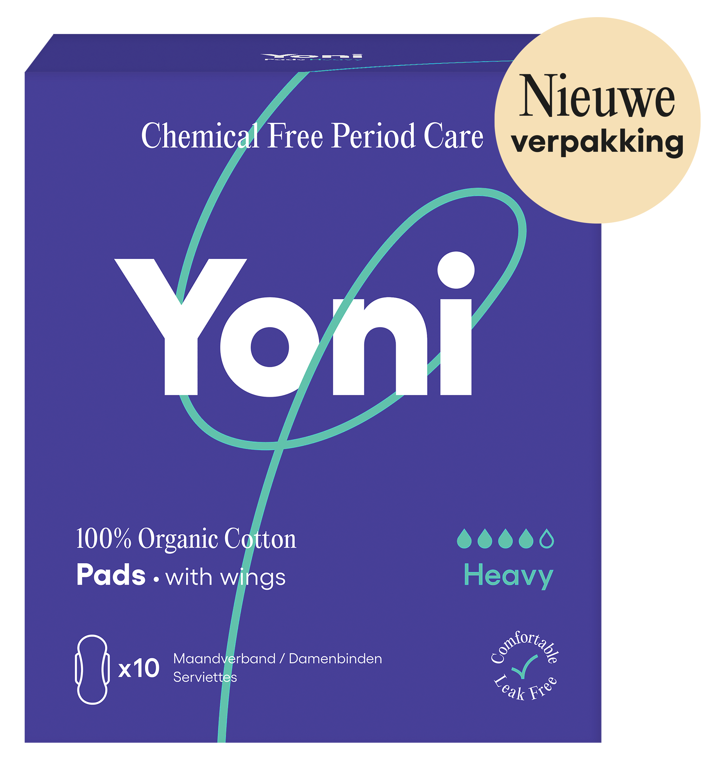Heavy Yoni maandverband with wings for women, shown in a pack of 10 from Yoni, designed for reliable menstrual protection.
