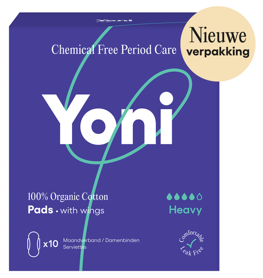 Heavy Yoni maandverband with wings for women, shown in a pack of 10 from Yoni, designed for reliable menstrual protection.