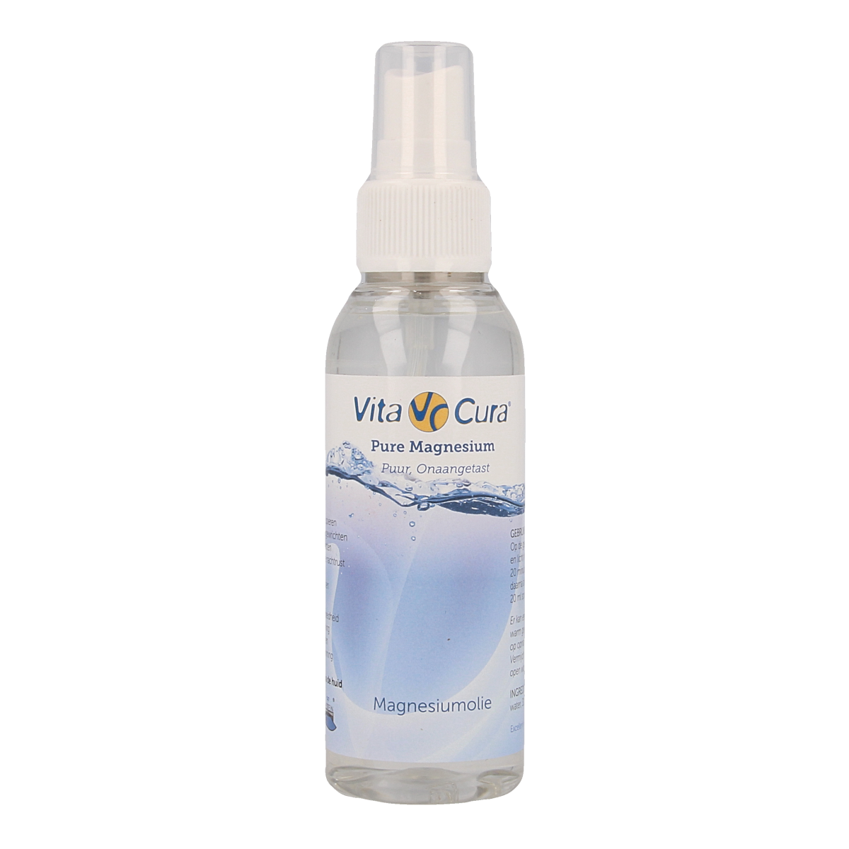 Vitacura Magnesium Oil bottle for body care, 100ml, with a clear label and cap, designed for skin absorption and relaxation.