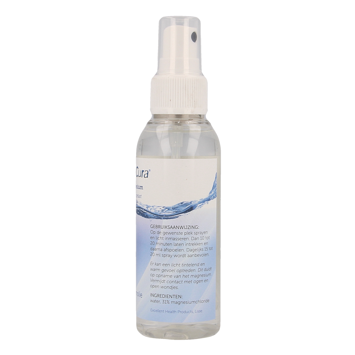 Vitacura Magnesium olie bottle, 100ml, natural body care product with a white label and blue accents, on a plain background.