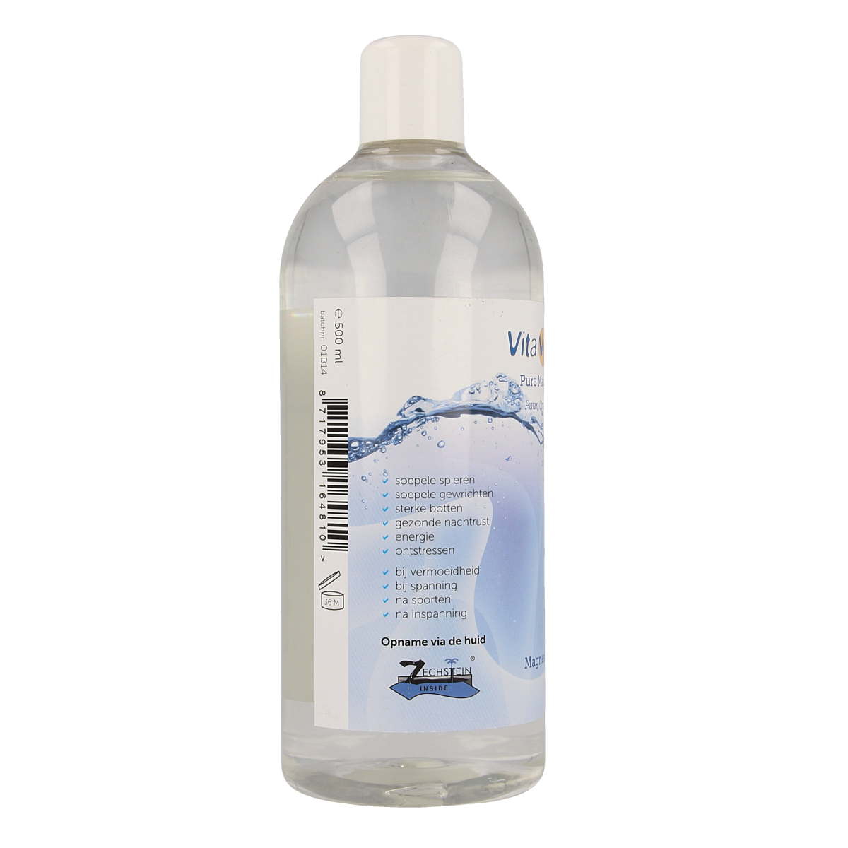 Vitacura Magnesium olie body care bottle, 500ml, with a clear label and pump dispenser, on a white background.