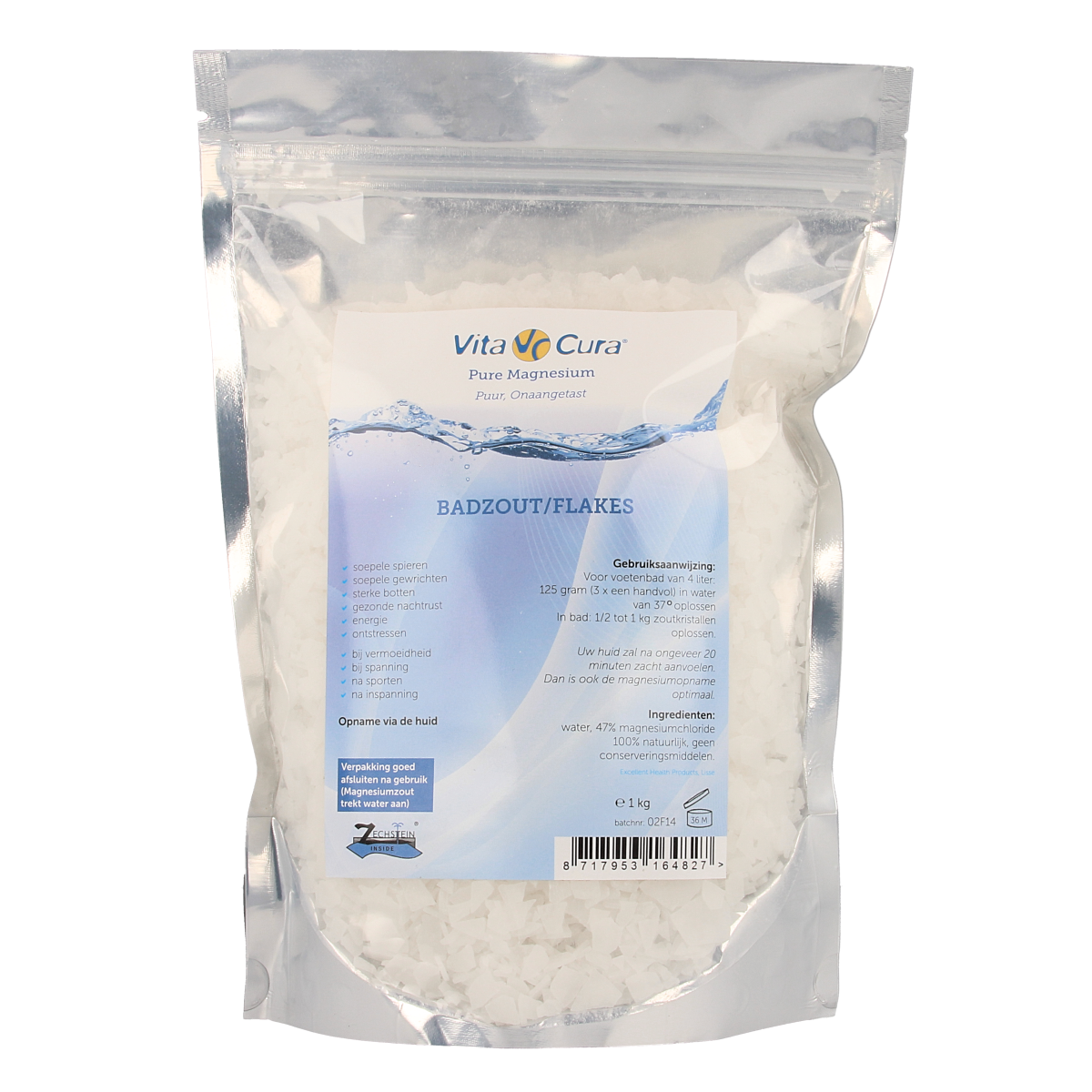 Vitacura magnesium salt flakes in a 1kg bag, used for bath and shower purposes, with a clear view of the product packaging.