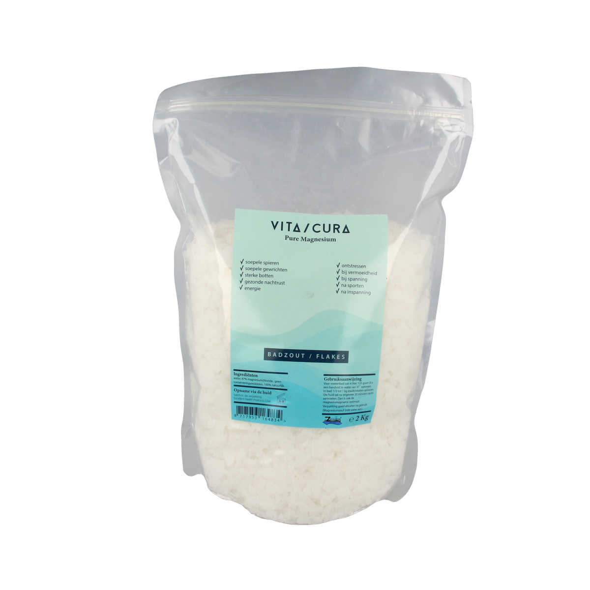 Vitacura Magnesium bath and shower flakes in a 2kg bag, natural mineral salt for relaxing baths and skin care.