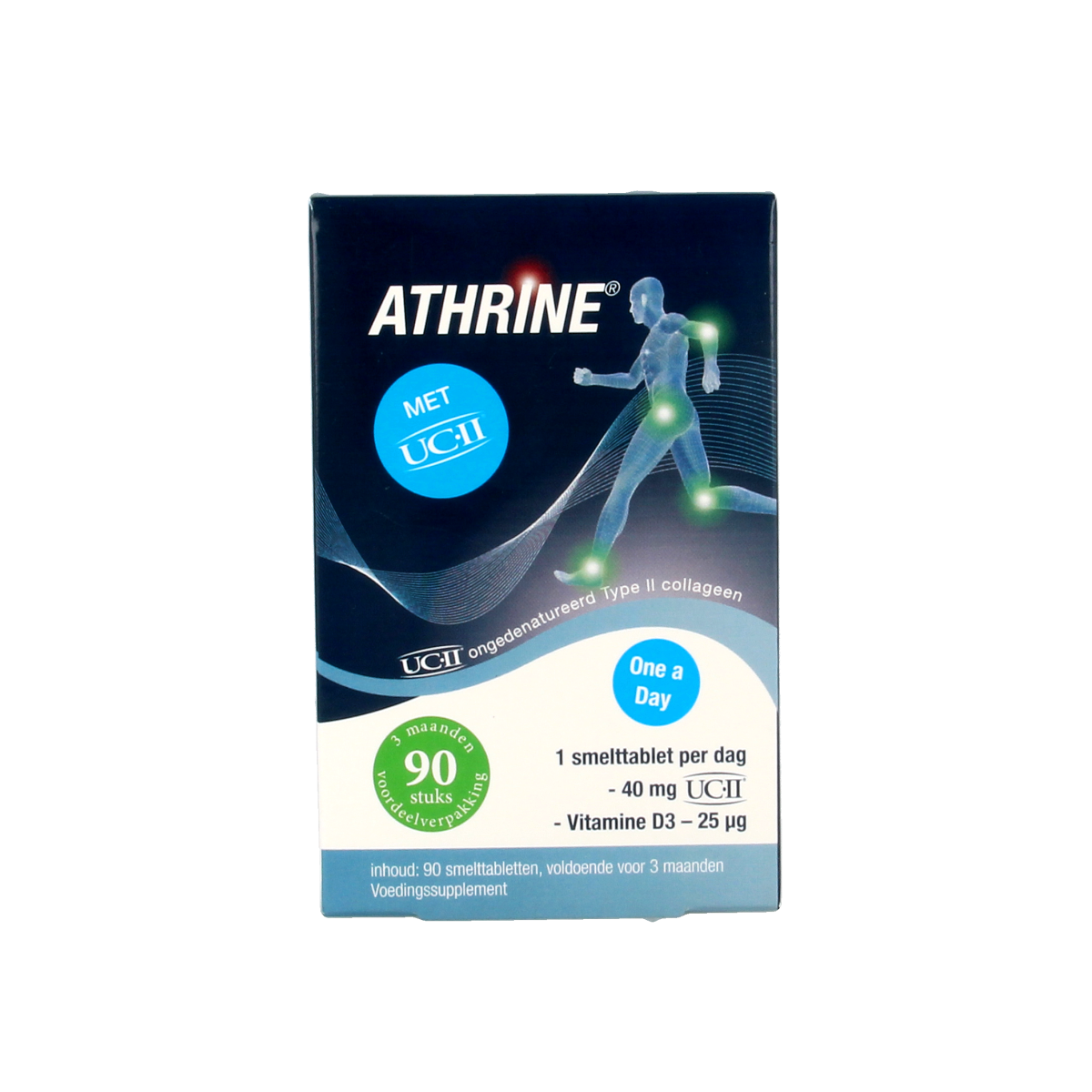 Athrine UC-II and Vitamin D3 multivitamin tablets in a bottle, dietary supplement for joint and bone health.